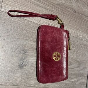 Tory Burch Burgundy Wristlet with Gold Accents